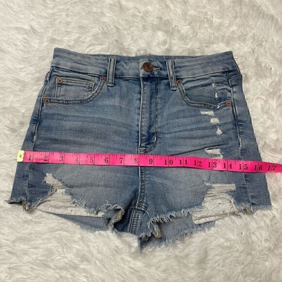American Eagle Curvy Hi Rise Shortie Stretch Denim Jeans Shorts Size 2 Distresse - Picture 7 of 11